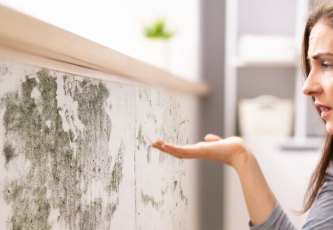 Side View Of A Shocked Young  Woman Looking At Mold On Wall